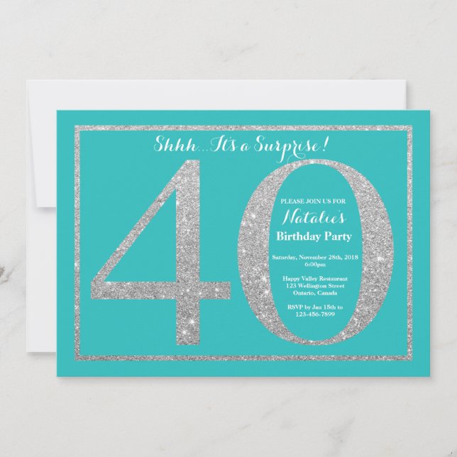 Invitation Surprise 40e anniversaire Turquoise et Parties sci (Devant)