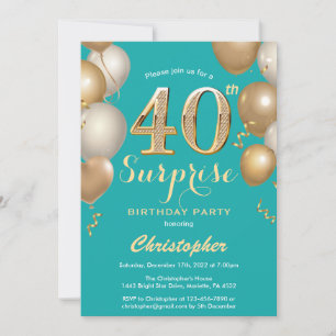 Invitation Surprise 40e anniversaire Turquoises et Ballons d'