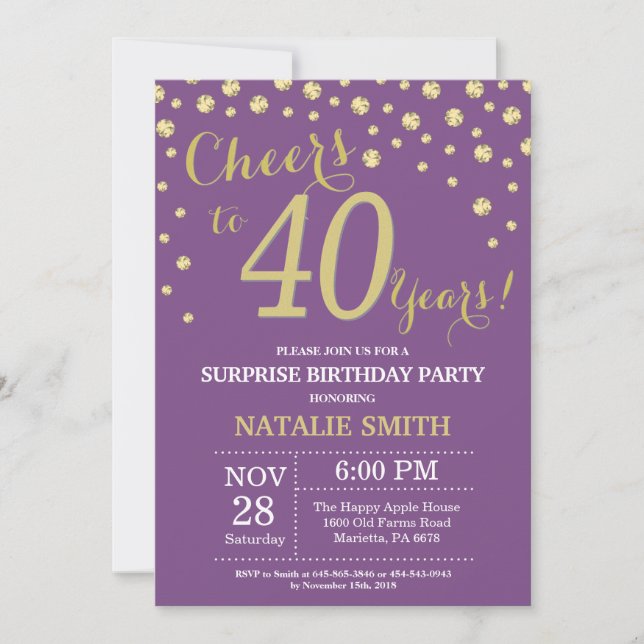 Invitation Surprise 40e anniversaire violet et diamant d'or (Devant)