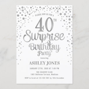Invitation Surprise 40e fête d'anniversaire - Argent & Blanc