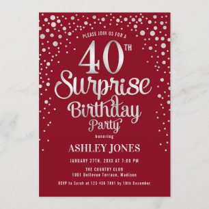Invitation Surprise 40e fête d'anniversaire - Argent & Rouge