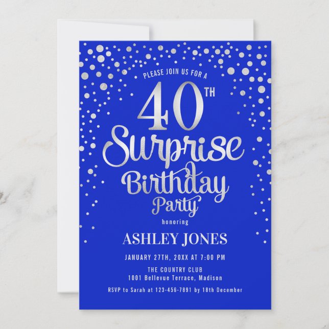 Invitation Surprise 40e fête d'anniversaire - Argent & Royal  (Devant)