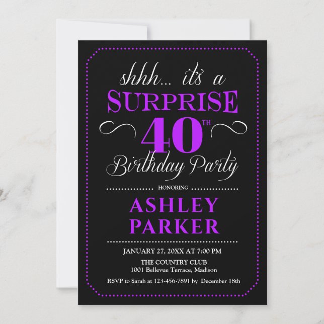Invitation Surprise 40e fête d'anniversaire - Black Purple (Devant)