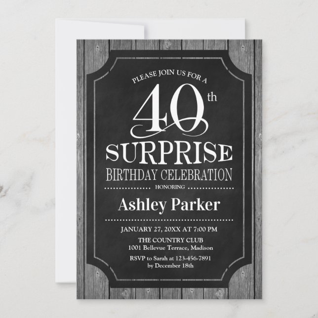 Invitation Surprise 40e fête d'anniversaire - Chalkboard Whit (Devant)