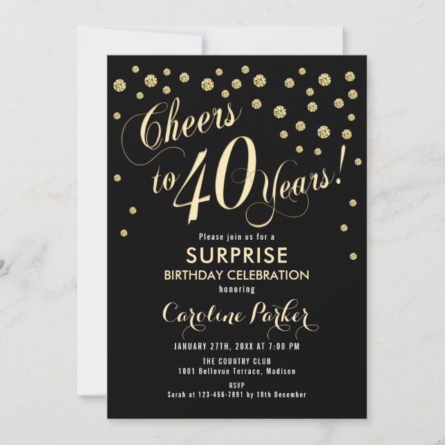 Invitation Surprise 40e fête d'anniversaire - Gold Black (Devant)
