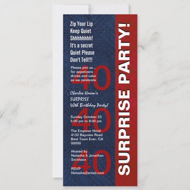 Invitation SURPRISE 40e fête d'anniversaire Modern Blue Red V (Devant)