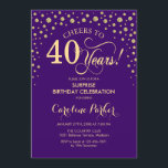 Invitation Surprise 40e fête d'anniversaire - Purple Gold<br><div class="desc">Invitation surprise 40e anniversaire de fête. Design élégant en or violet royal et faux parties scintillant. Fonctionne la police de script et les confettis de diamants. Salut à 40 ans ! Message-moi si vous avez besoin d'une personnalisation plus poussée.</div>