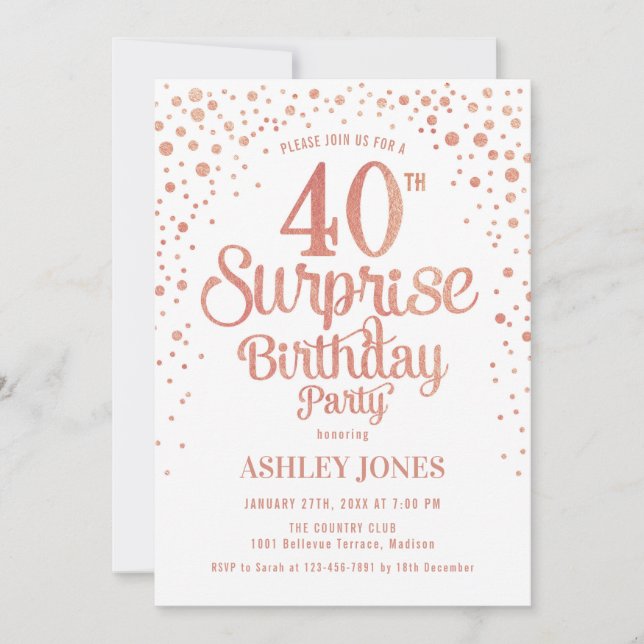 Invitation Surprise 40e fête d'anniversaire - Rose Gold & Whi (Devant)