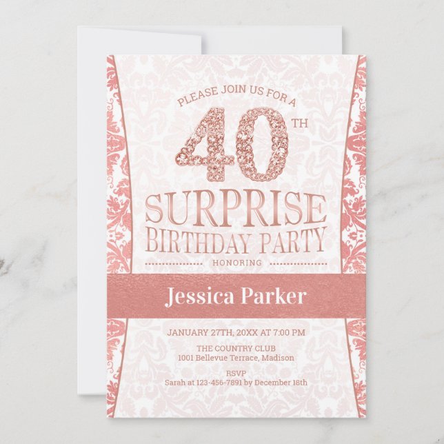 Invitation Surprise 40e fête d'anniversaire - Rose Gold White (Devant)
