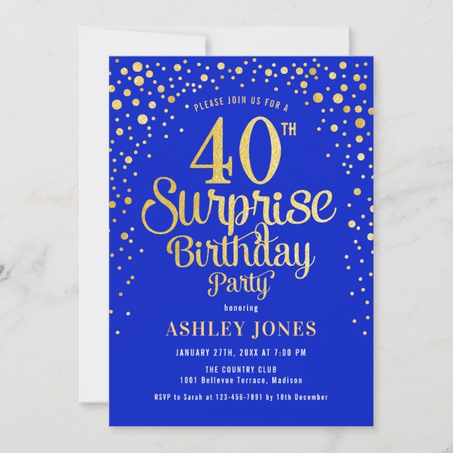 Invitation Surprise 40e fête d'anniversaire - Royal Blue & Go (Devant)