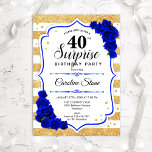 Invitation Surprise 40th Birthday - Gold White Royal Blue<br><div class="desc">Surprise 40th Birthday Invitation.
Feminine white,  royal blue design with faux glitter gold. Features stripes,  sapphire blue roses,  script font and confetti. Perfect for an elegant birthday party. Can be personalized to show any age. Message me if you need further customization.</div>