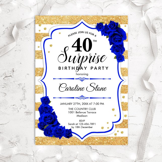 Invitation Surprise 40th Birthday - Gold White Royal Blue (Créateur téléchargé)