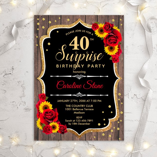 Invitation Surprise 40th Birthday - Rustic Wood Sunflowers (Créateur téléchargé)
