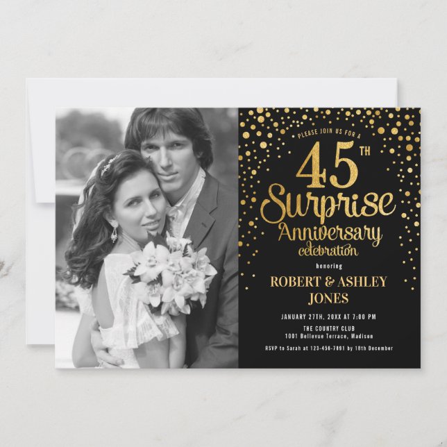 Invitation Surprise 45e anniversaire avec photo - Black Gold (Devant)