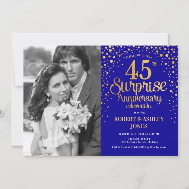 Invitation Surprise 45e anniversaire avec photo - Bleu or (Devant)