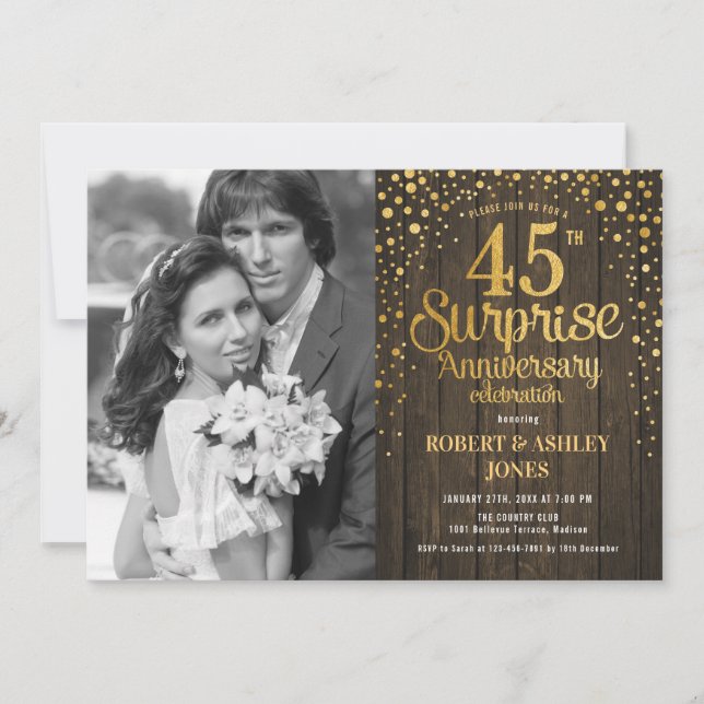 Invitation Surprise 45e Anniversaire avec Photo - Bois Or (Devant)