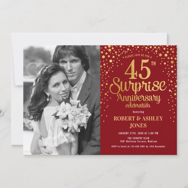 Invitation Surprise 45e anniversaire avec photo - Or rouge (Devant)