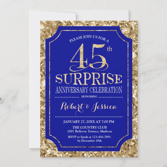 Invitation Surprise 45e anniversaire de mariage - Bleu Or (Devant)