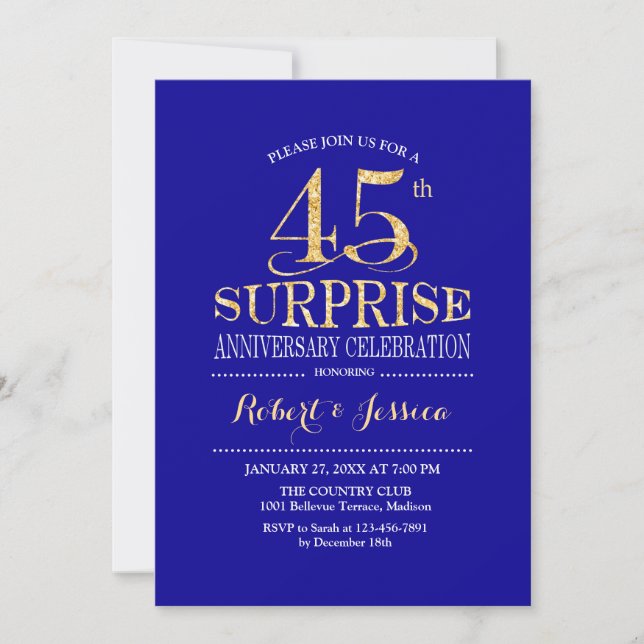Invitation Surprise 45e anniversaire de Mariage - Blue Gold (Devant)