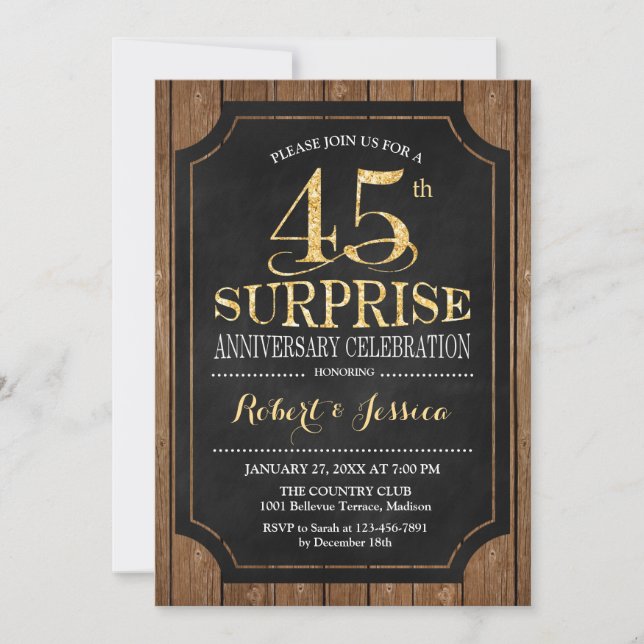 Invitation Surprise 45e anniversaire du Mariage - Wood Gold (Devant)