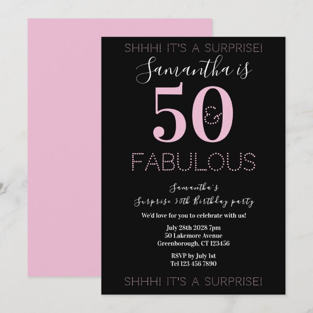 Invitation Surprise 50e anniversaire 50 Fabuleux Noir Rose (Devant / Derrière)