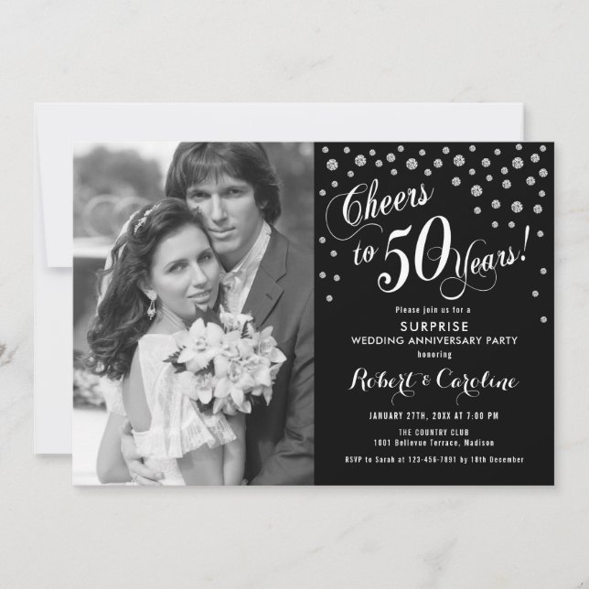 Invitation Surprise 50e anniversaire avec photo argent noir (Devant)