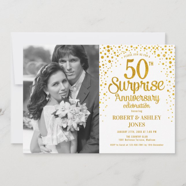Invitation Surprise 50e anniversaire avec photo - Or blanc (Devant)