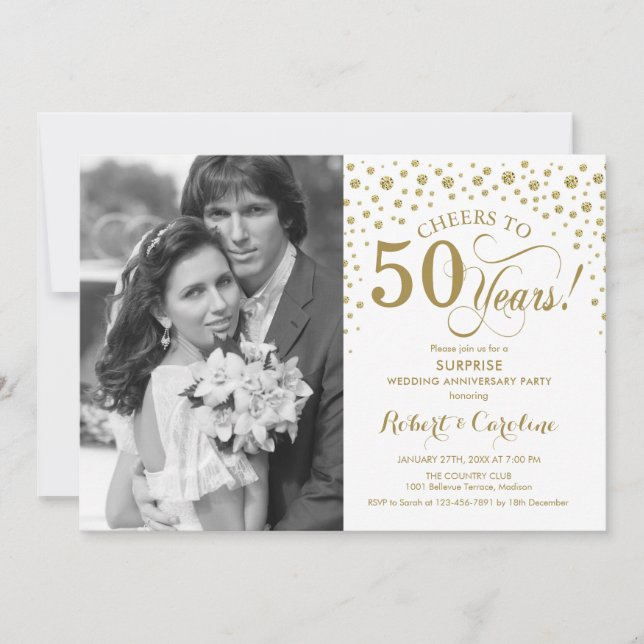 Invitation Surprise 50e anniversaire avec Photo White Gold (Devant)