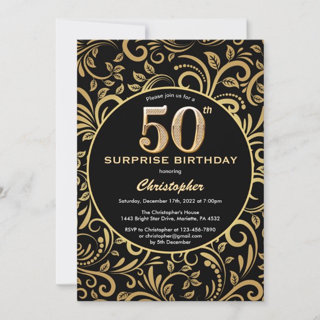 Invitation Surprise 50e anniversaire Black and Gold Floral (Devant)
