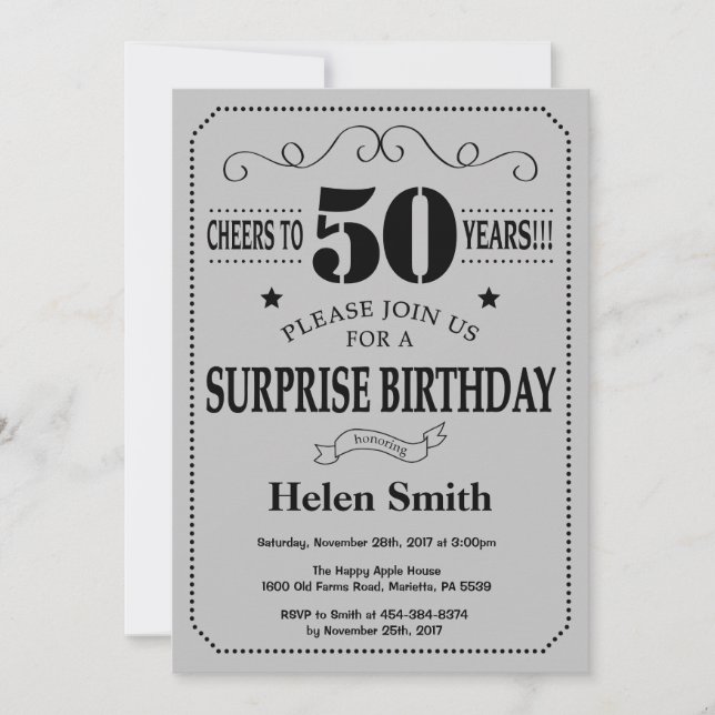 Invitation Surprise 50e anniversaire Black and Silver Grey (Devant)