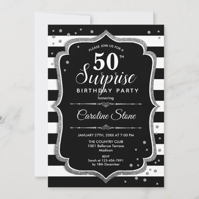 Invitation Surprise 50e anniversaire - Black White Silver (Devant)