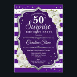 Invitation Surprise 50e anniversaire - Blanc d'argent violet<br><div class="desc">Invitation surprise 50e anniversaire. Feminine violet,  design blanc avec fausse parties scintillant argent. Comprend des rayures,  des roses blanches,  des caractères de script et des confettis. Parfait pour une soirée d'anniversaire élégante. Peut être personnalisé pour montrer n'importe quel âge. Message-moi si vous avez besoin d'une personnalisation plus poussée.</div>