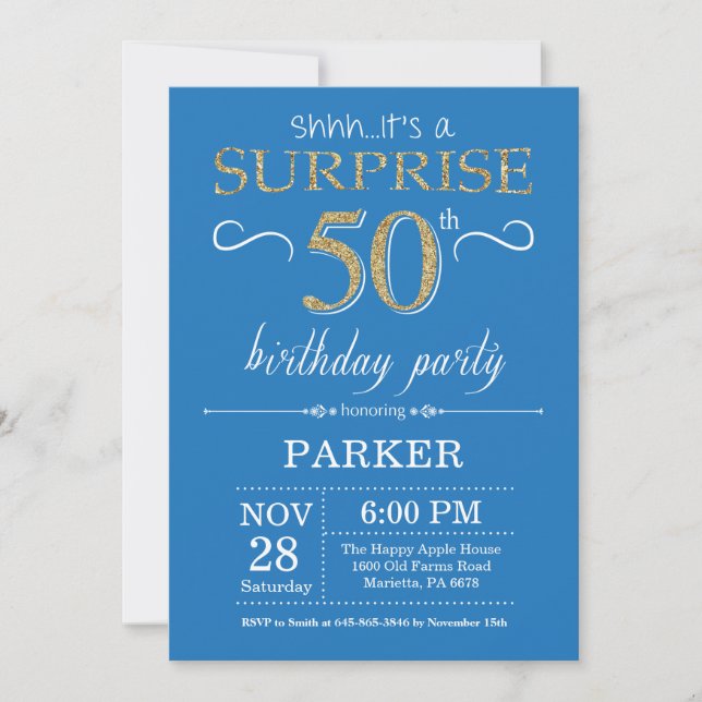Invitation surprise 50e anniversaire Bleu et or (Devant)