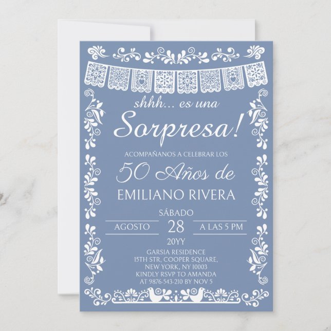 Invitation Surprise 50e anniversaire Bleu Poussiéreux Papel P (Devant)