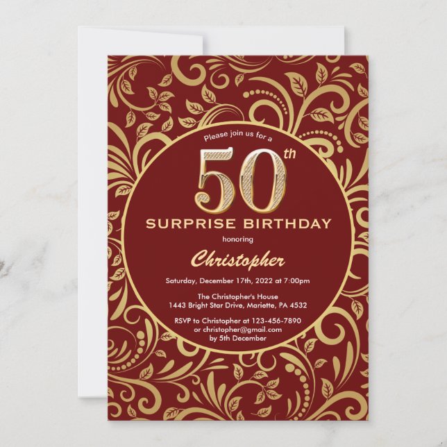 Invitation Surprise 50e anniversaire Bourgogne Rouge & Or Flo (Devant)