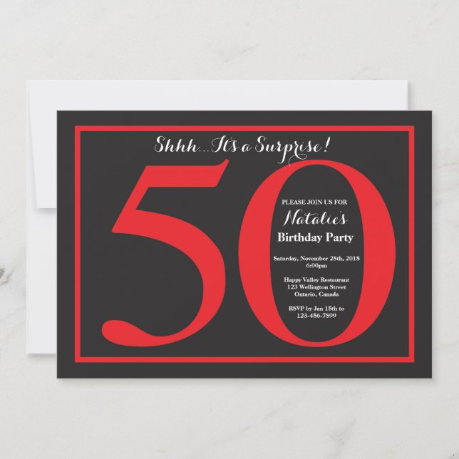 Invitation Surprise 50e anniversaire Chalkboard rouge et noir (Devant)