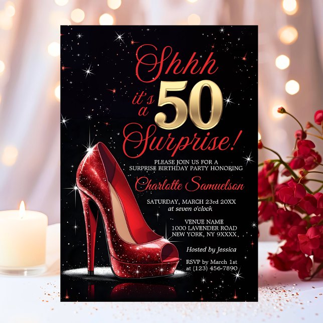 Invitation Surprise 50e ANNIVERSAIRE Chaussures à talons haut (Shhh it's a Surprise 50th BIRTHDAY Gold Red High Heels Fifty Invitation)