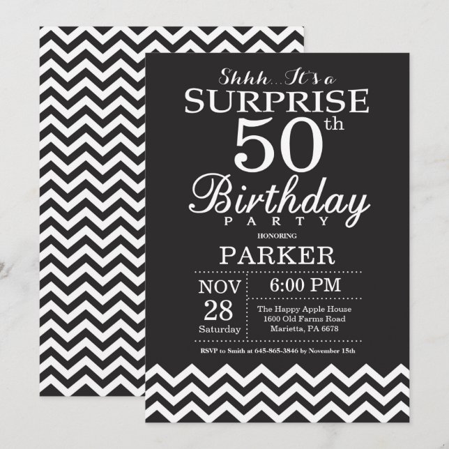 Invitation Surprise 50e anniversaire Chevron noir et blanc (Devant / Derrière)