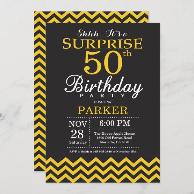 Invitation Surprise 50e anniversaire Chevron noir et jaune (Devant / Derrière)