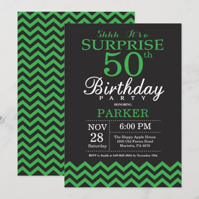 Invitation Surprise 50e anniversaire Chevron noir et vert (Devant / Derrière)