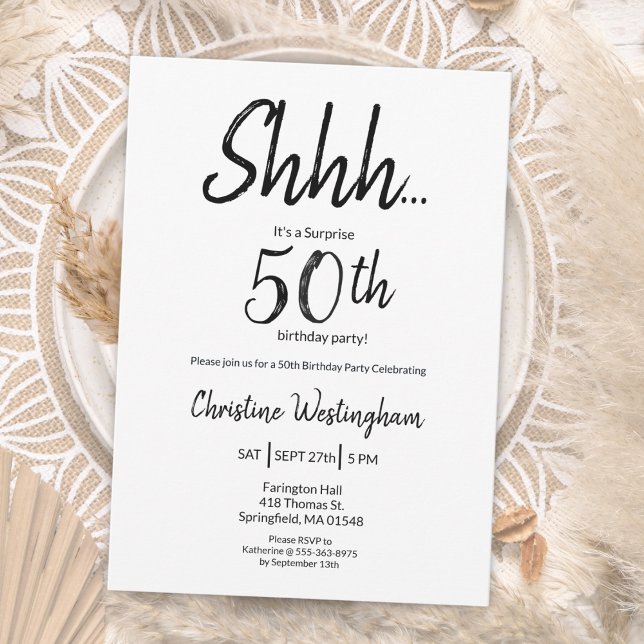 Invitation Surprise 50e anniversaire Chic Noir Blanc (Créateur téléchargé)