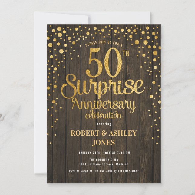 Invitation Surprise 50e anniversaire de mariage - Bois & Or (Devant)