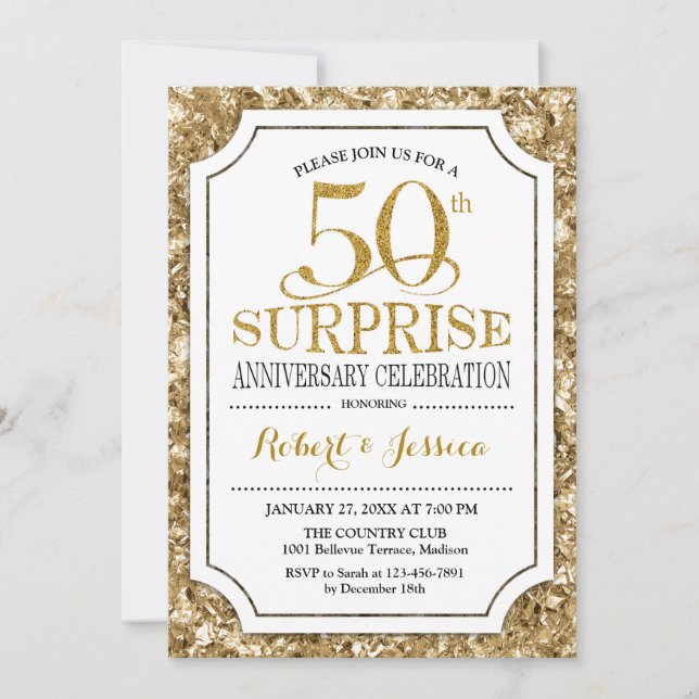 Invitation Surprise 50e anniversaire de mariage - Or blanc (Devant)