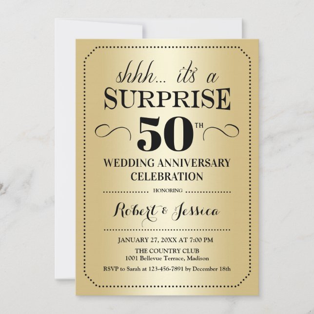 Invitation Surprise 50e anniversaire de mariage - Or Noir (Devant)