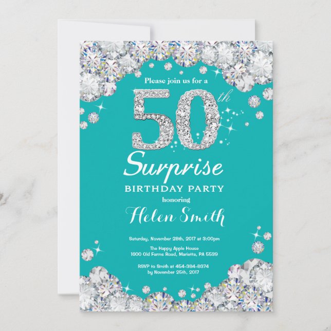 Invitation Surprise 50e anniversaire Diamant Turquoise et Arg (Devant)