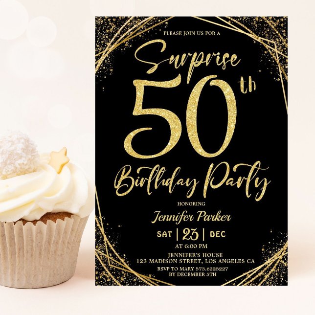 Invitation Surprise 50e anniversaire fête Chic Black & Gold (Créateur téléchargé)