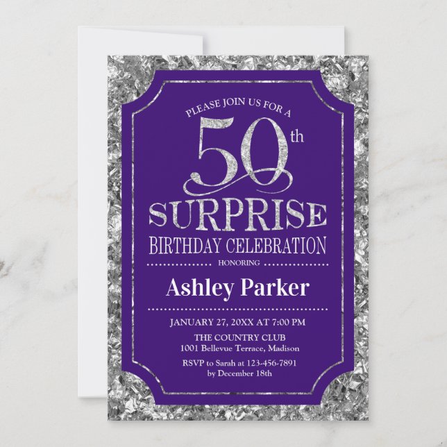 Invitation Surprise 50e anniversaire fête - Silver Purple (Devant)
