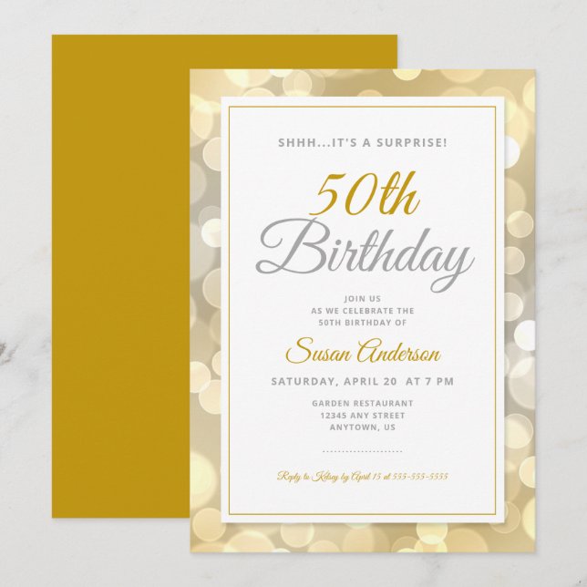 Invitation Surprise 50e anniversaire | Gold Bokeh (Devant / Derrière)