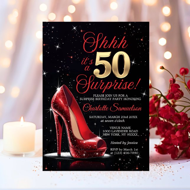 Invitation Surprise 50e anniversaire Gold Red talons 50 (Surprise 50th BIRTHDAY Gold Red High Heels Fifty Invitation)
