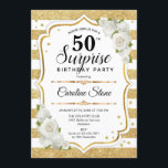 Invitation Surprise 50e anniversaire - Gold White<br><div class="desc">Invitation surprise 50e anniversaire. Design féminin avec parties scintillant d'or faux. Comprend des rayures,  des roses blanches,  des caractères de script et des confettis. Parfait pour une soirée d'anniversaire élégante. Peut être personnalisé pour montrer n'importe quel âge. Message-moi si vous avez besoin d'une personnalisation plus poussée.</div>